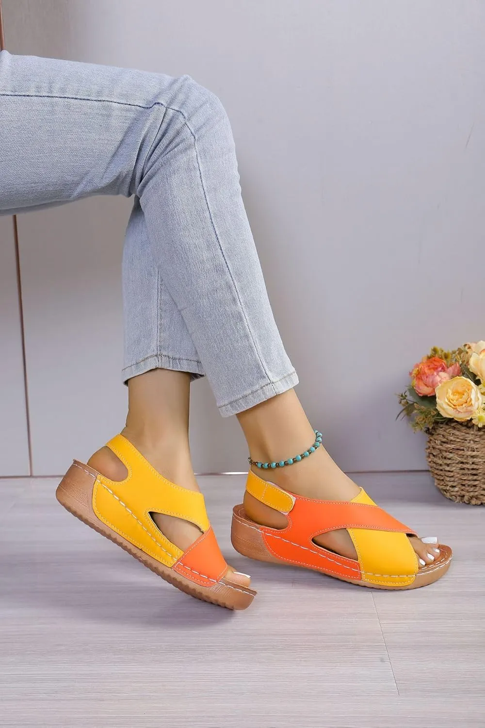 Women's Ultra Comfortable Slope Heel Orthopaedic Sandals, Womens Crisscross Strap Open Toe Summer Shoes, Contrast Color Sandals
