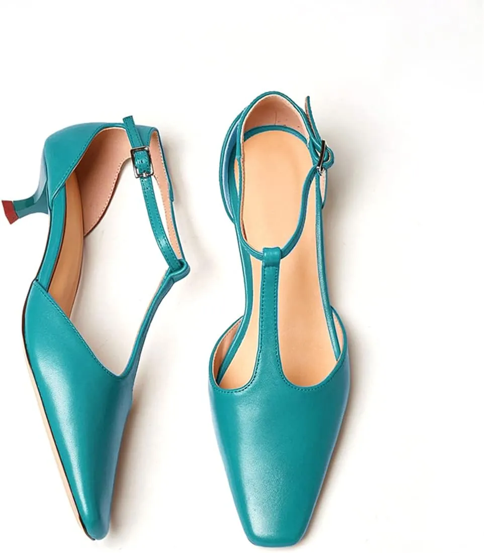 Women's Vintage Matte Leather Square Toe T-Strap Kitten Heel Pumps Shoes Comfort Solid Colour Closed Toe Dress Low Heel Sandals Shoes
