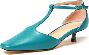 Women's Vintage Matte Leather Square Toe T-Strap Kitten Heel Pumps Shoes Comfort Solid Colour Closed Toe Dress Low Heel Sandals Shoes