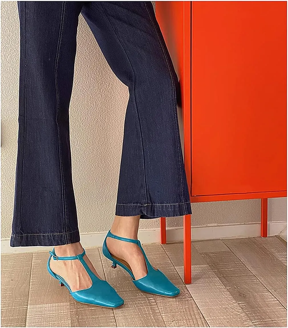 Women's Vintage Matte Leather Square Toe T-Strap Kitten Heel Pumps Shoes Comfort Solid Colour Closed Toe Dress Low Heel Sandals Shoes