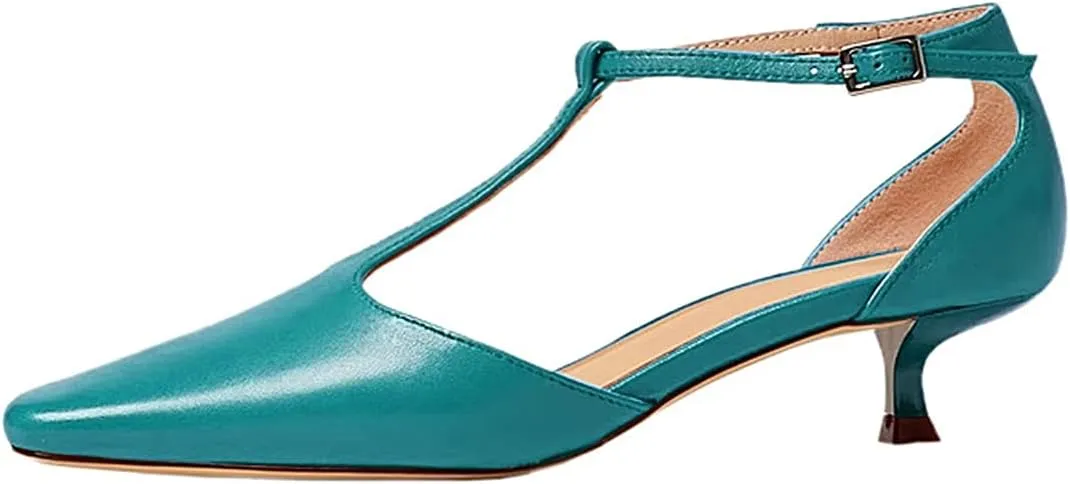 Women's Vintage Matte Leather Square Toe T-Strap Kitten Heel Pumps Shoes Comfort Solid Colour Closed Toe Dress Low Heel Sandals Shoes