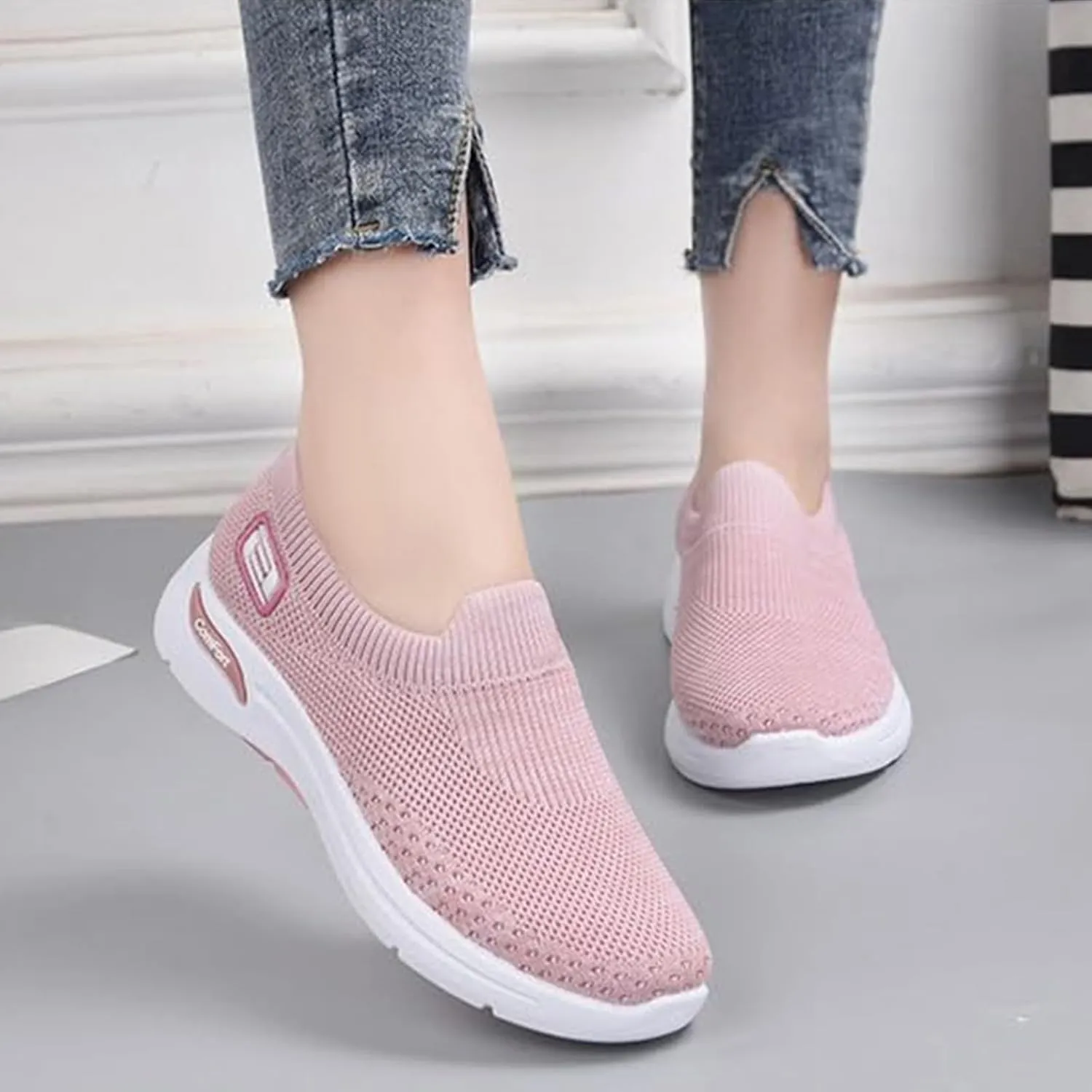 Womens Walking Sneakers Ladies Elastic Low Top Flats Lightweight Breathe Mesh Fashion Sneakers Woven Orthopedic Breathable Soft Shoes Comfortable Casual Sneaker Go Walking Slip on Shoes