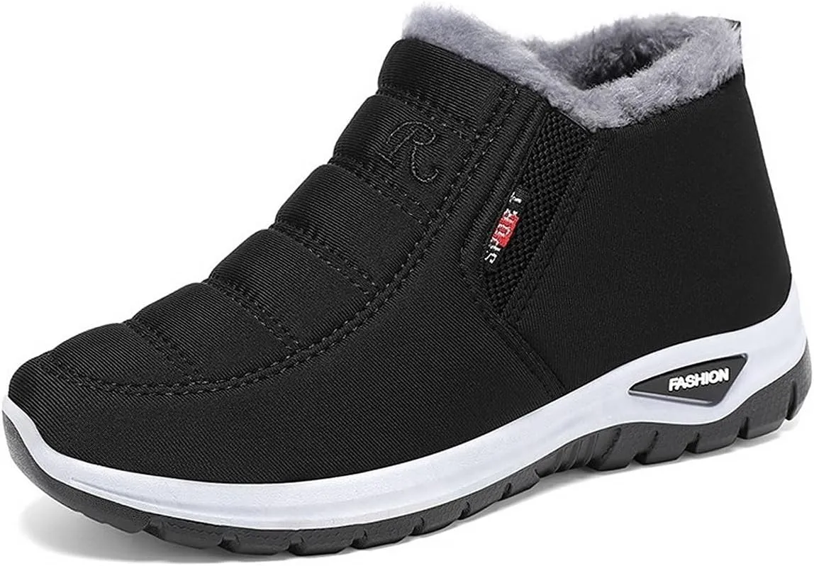 Women's Warm Sheepskin-Lined Boots,Orthopedic Walking Fur Fuzzy Thermal Soft Booties,Comfortable Waterproof Ladies Winter Ankle Slip on Short Snow Fur Lined Boots, Wide Warm Arch Support Shoes(Black,5