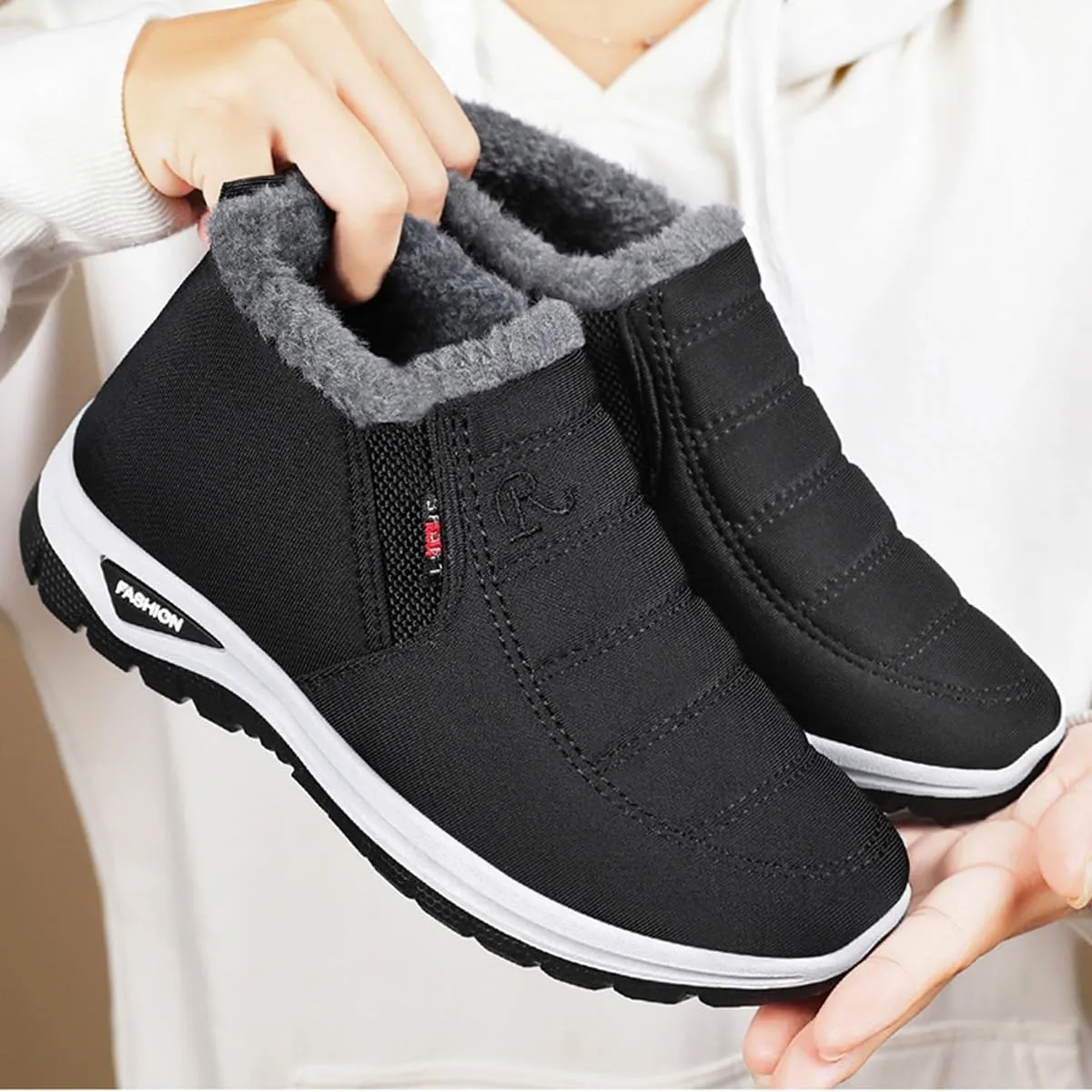 Women's Warm Sheepskin-Lined Boots,Orthopedic Walking Fur Fuzzy Thermal Soft Booties,Comfortable Waterproof Ladies Winter Ankle Slip on Short Snow Fur Lined Boots, Wide Warm Arch Support Shoes(Black,5