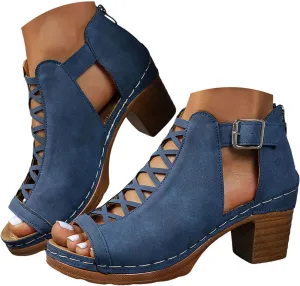 Women's Wedge Sandals Vintage Hollow Out Buckle Strap Platform Sandals for Women Summer Casual Chunky Heels Shoes