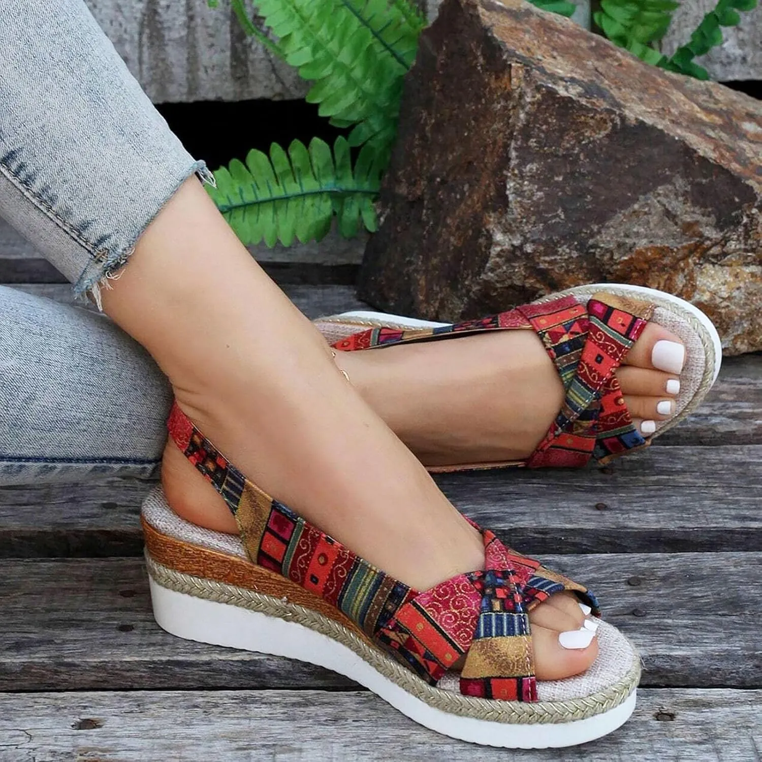 Women's Wedge Sandals,Low Wedge Heels Summer Dressy Ankle Strap Open Toe Flower Shoes Comfortable Sandals