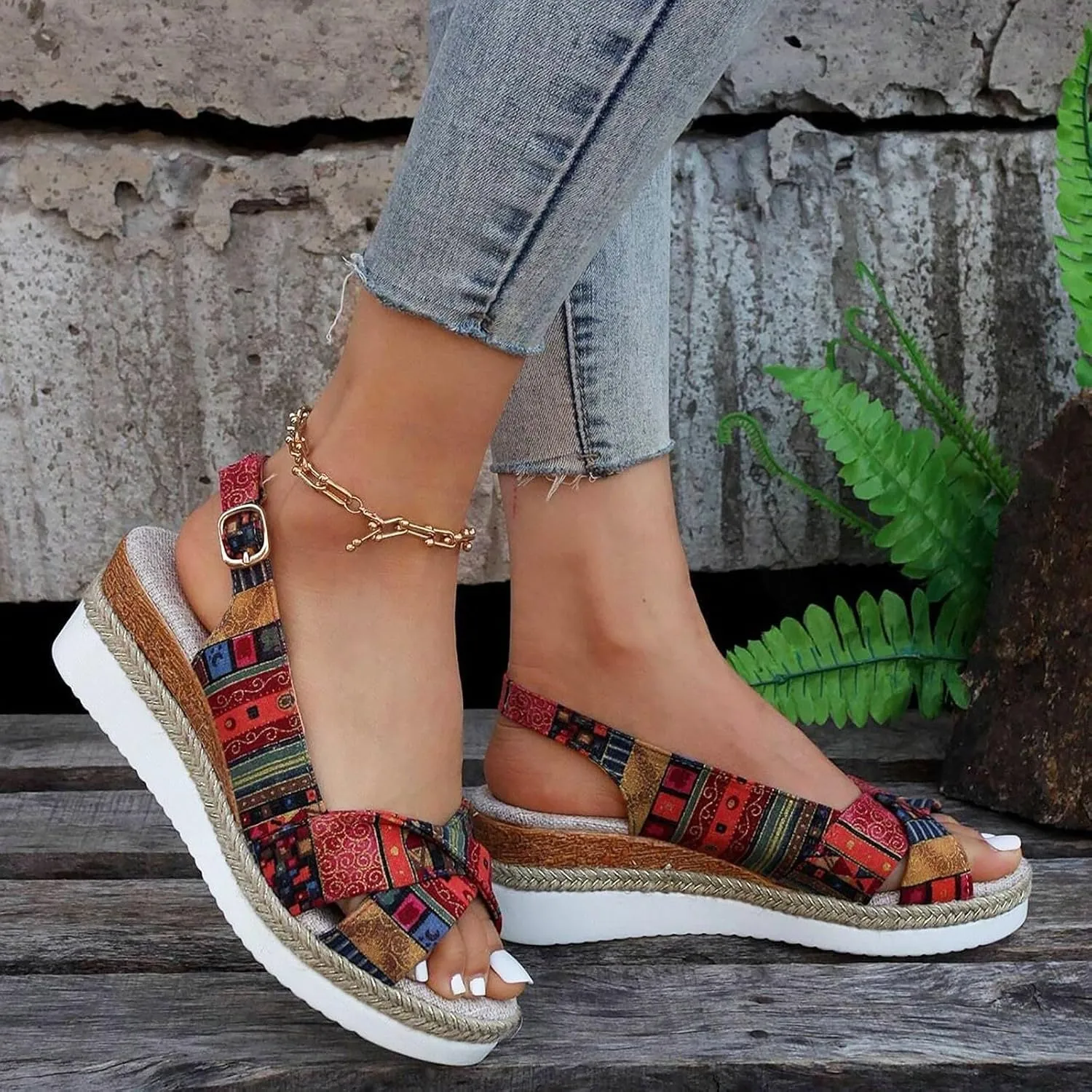 Women's Wedge Sandals,Low Wedge Heels Summer Dressy Ankle Strap Open Toe Flower Shoes Comfortable Sandals