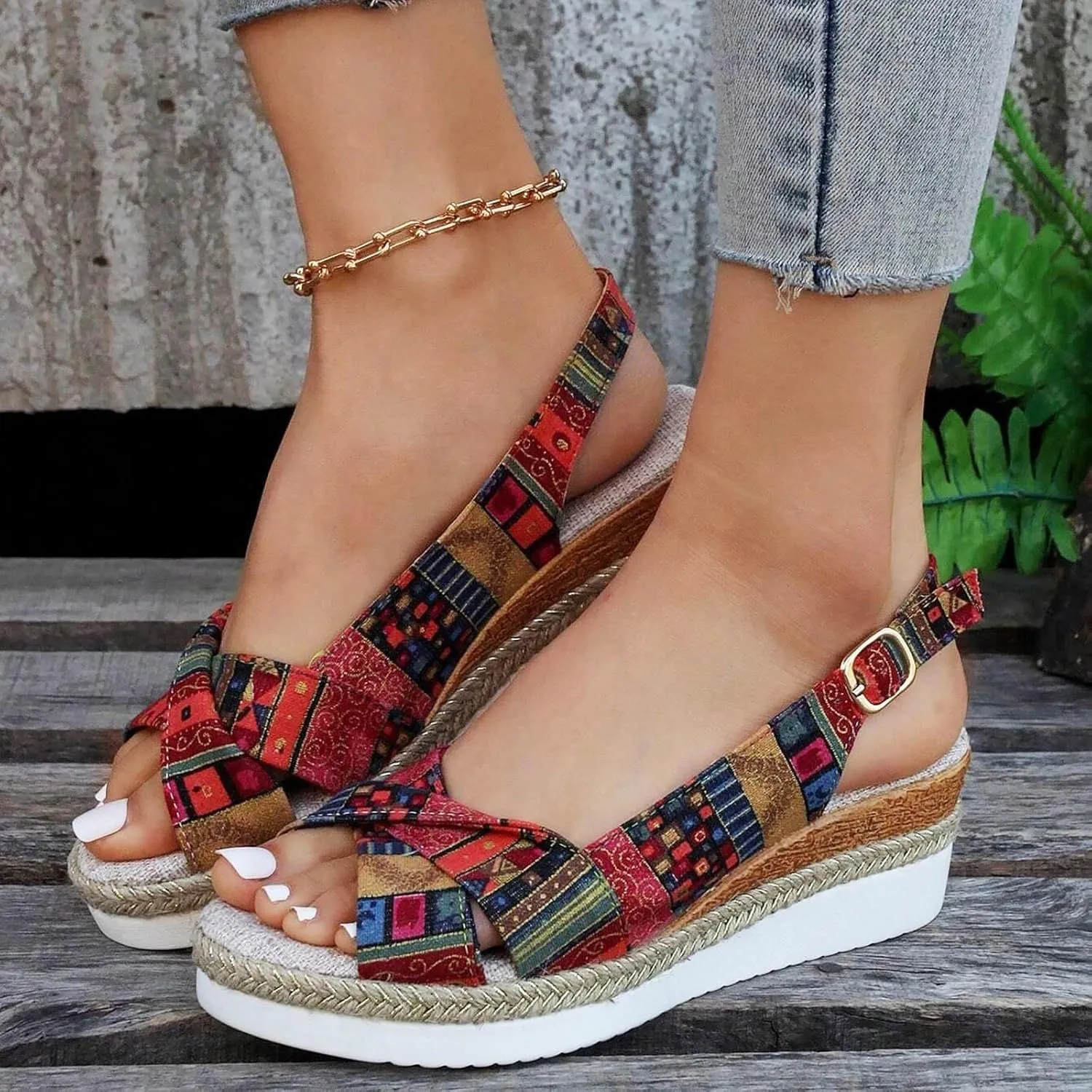 Women's Wedge Sandals,Low Wedge Heels Summer Dressy Ankle Strap Open Toe Flower Shoes Comfortable Sandals