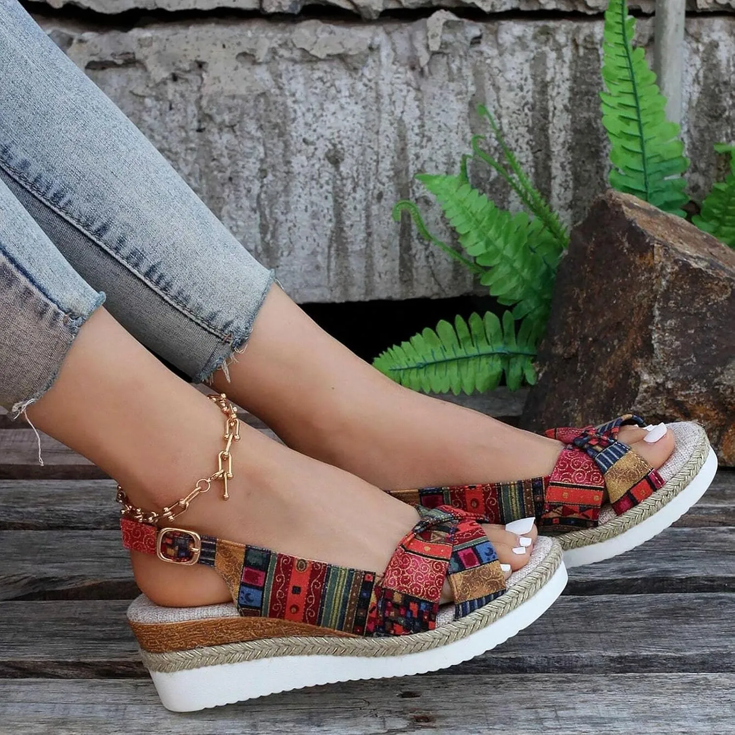 Women's Wedge Sandals,Low Wedge Heels Summer Dressy Ankle Strap Open Toe Flower Shoes Comfortable Sandals