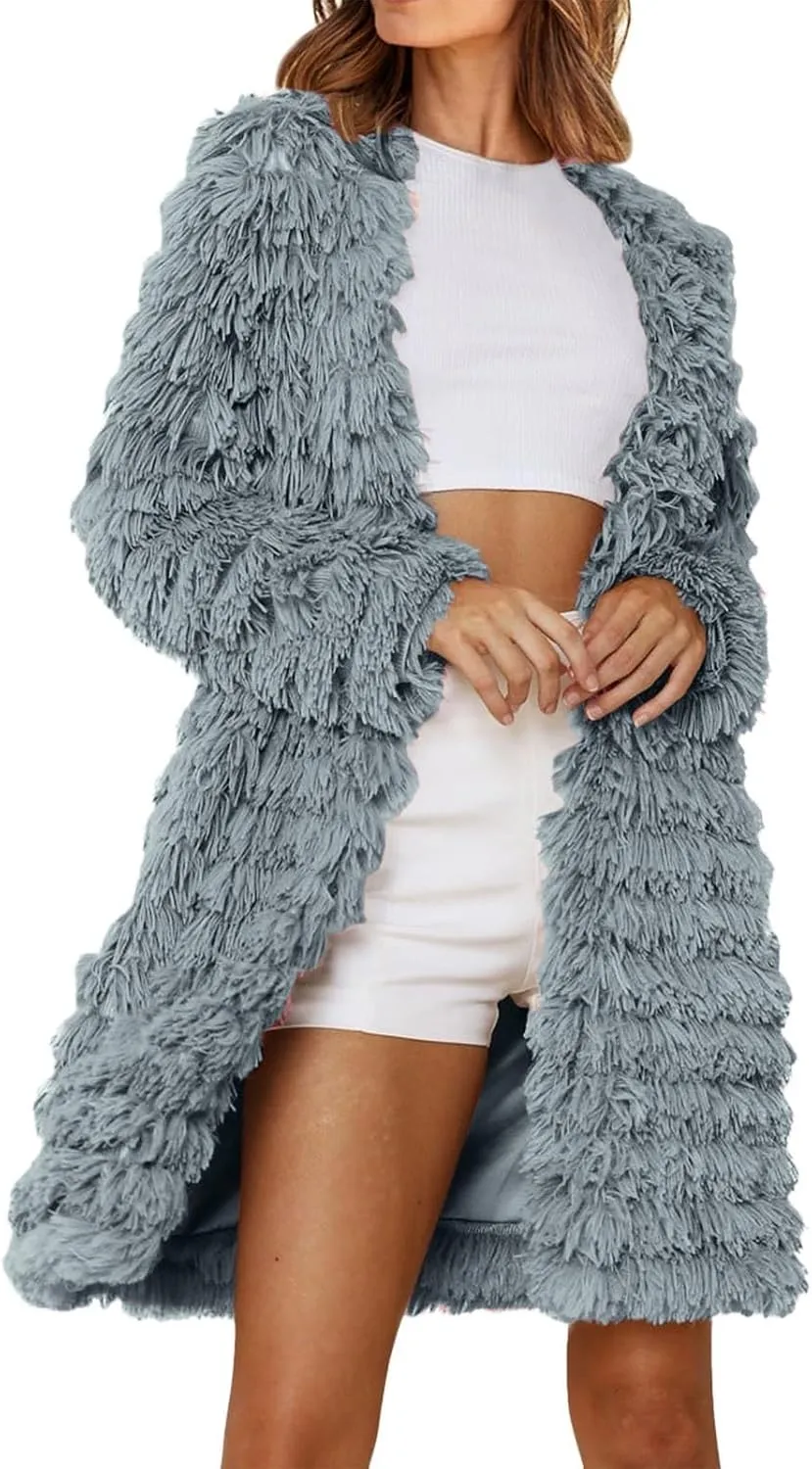 Women's Winter Casual Comfortable Artificial Fur Leather Jacket Autumn Fashion Open Front Long Fury Coat