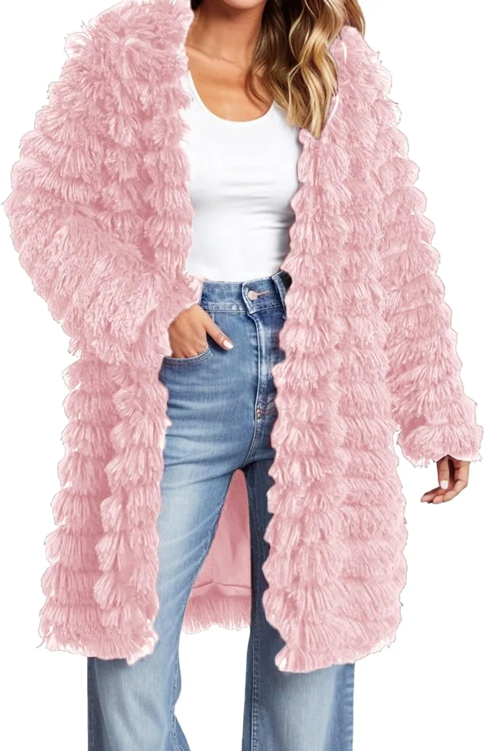 Women's Winter Casual Comfortable Artificial Fur Leather Jacket Autumn Fashion Open Front Long Fury Coat