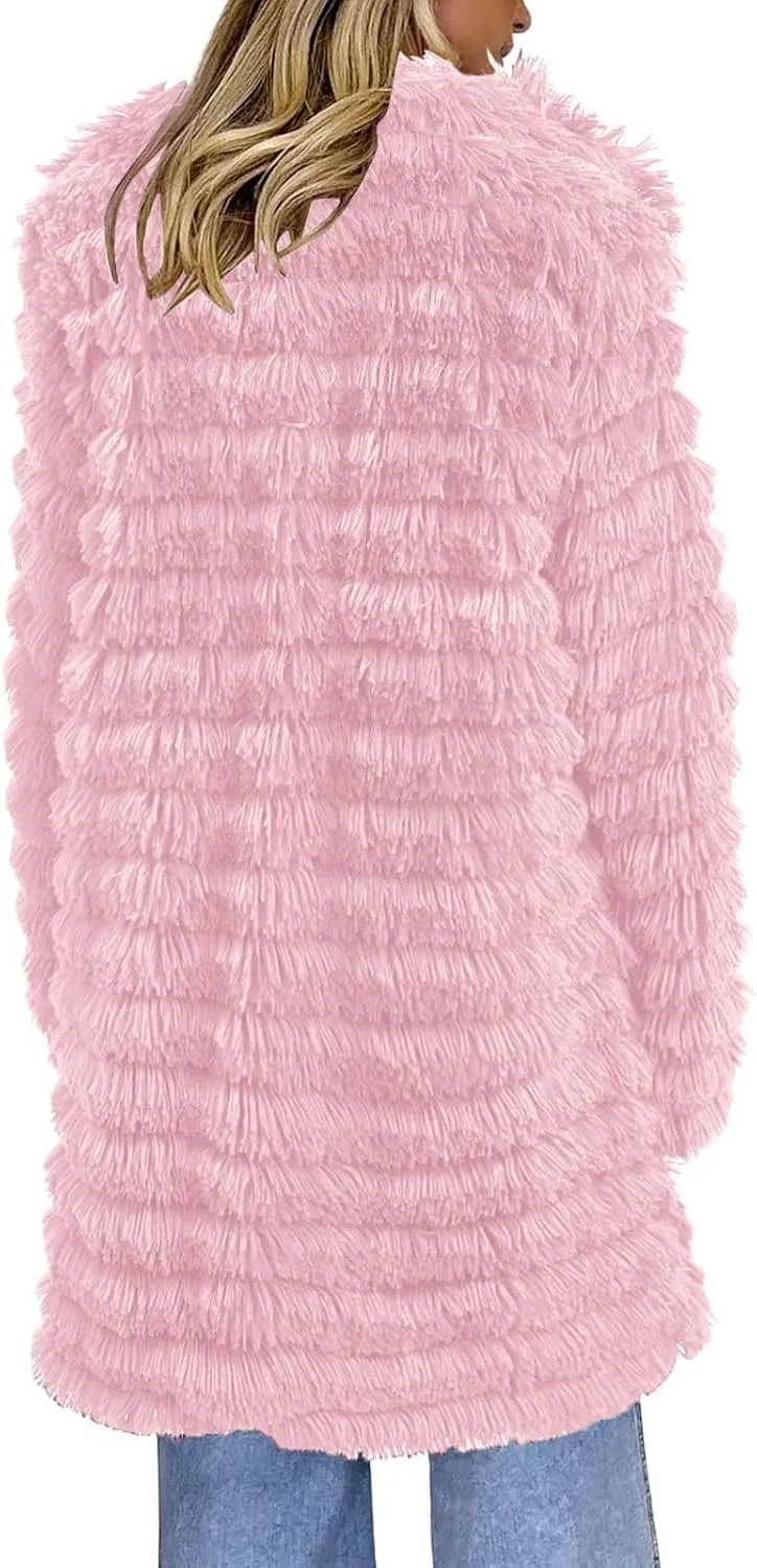 Women's Winter Casual Comfortable Artificial Fur Leather Jacket Autumn Fashion Open Front Long Fury Coat