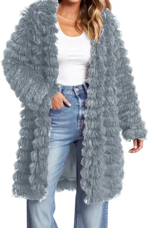 Women's Winter Casual Comfortable Artificial Fur Leather Jacket Autumn Fashion Open Front Long Fury Coat