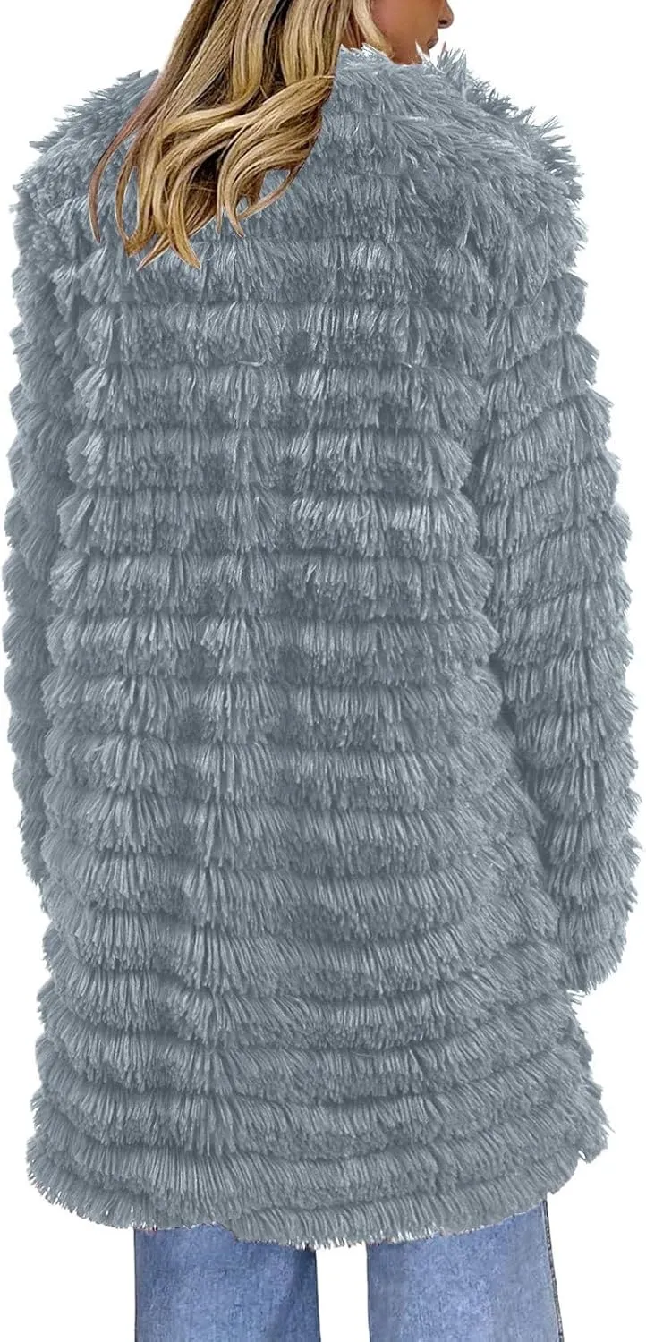 Women's Winter Casual Comfortable Artificial Fur Leather Jacket Autumn Fashion Open Front Long Fury Coat