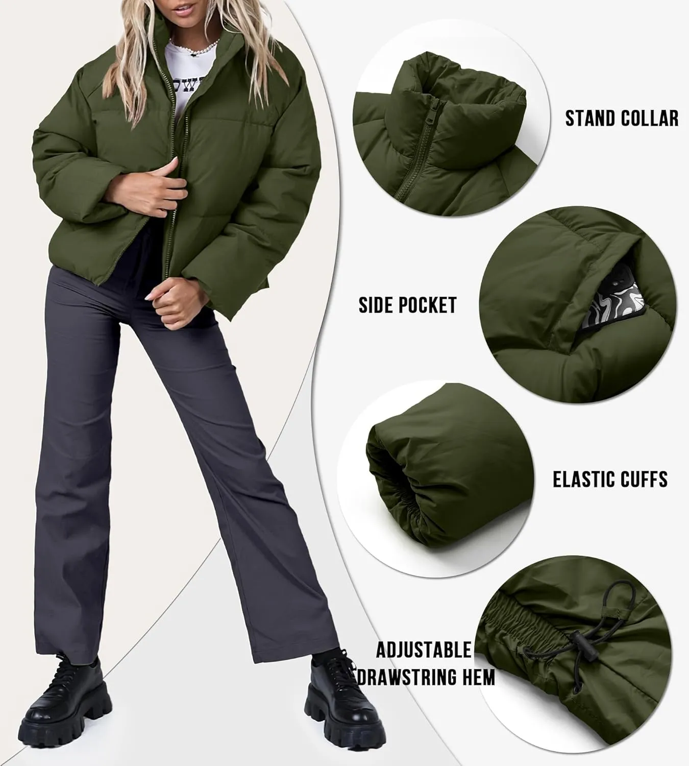 Women's Winter Cropped Puffer Jacket 2023 Long Sleeve Lightweight Zip Short Jacket Coat with Pockets