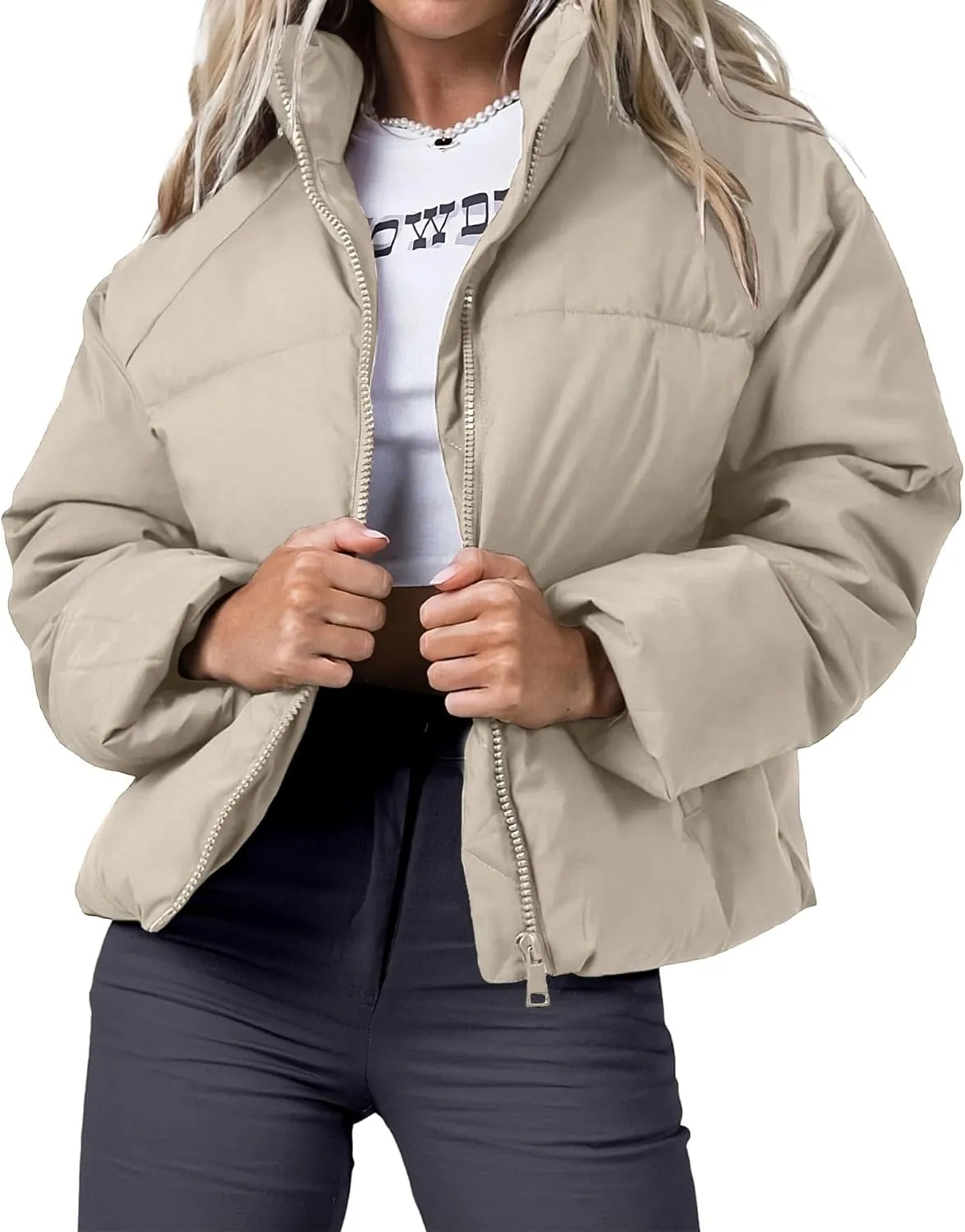 Women's Winter Cropped Puffer Jacket 2023 Long Sleeve Lightweight Zip Short Jacket Coat with Pockets