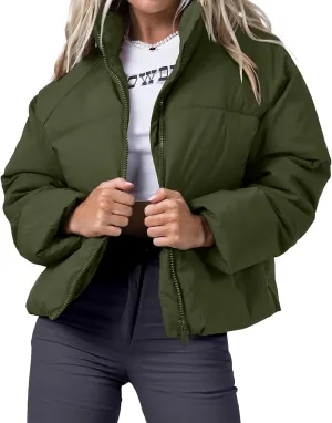 Women's Winter Cropped Puffer Jacket 2023 Long Sleeve Lightweight Zip Short Jacket Coat with Pockets