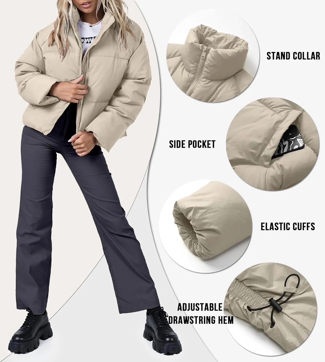 Women's Winter Cropped Puffer Jacket 2023 Long Sleeve Lightweight Zip Short Jacket Coat with Pockets