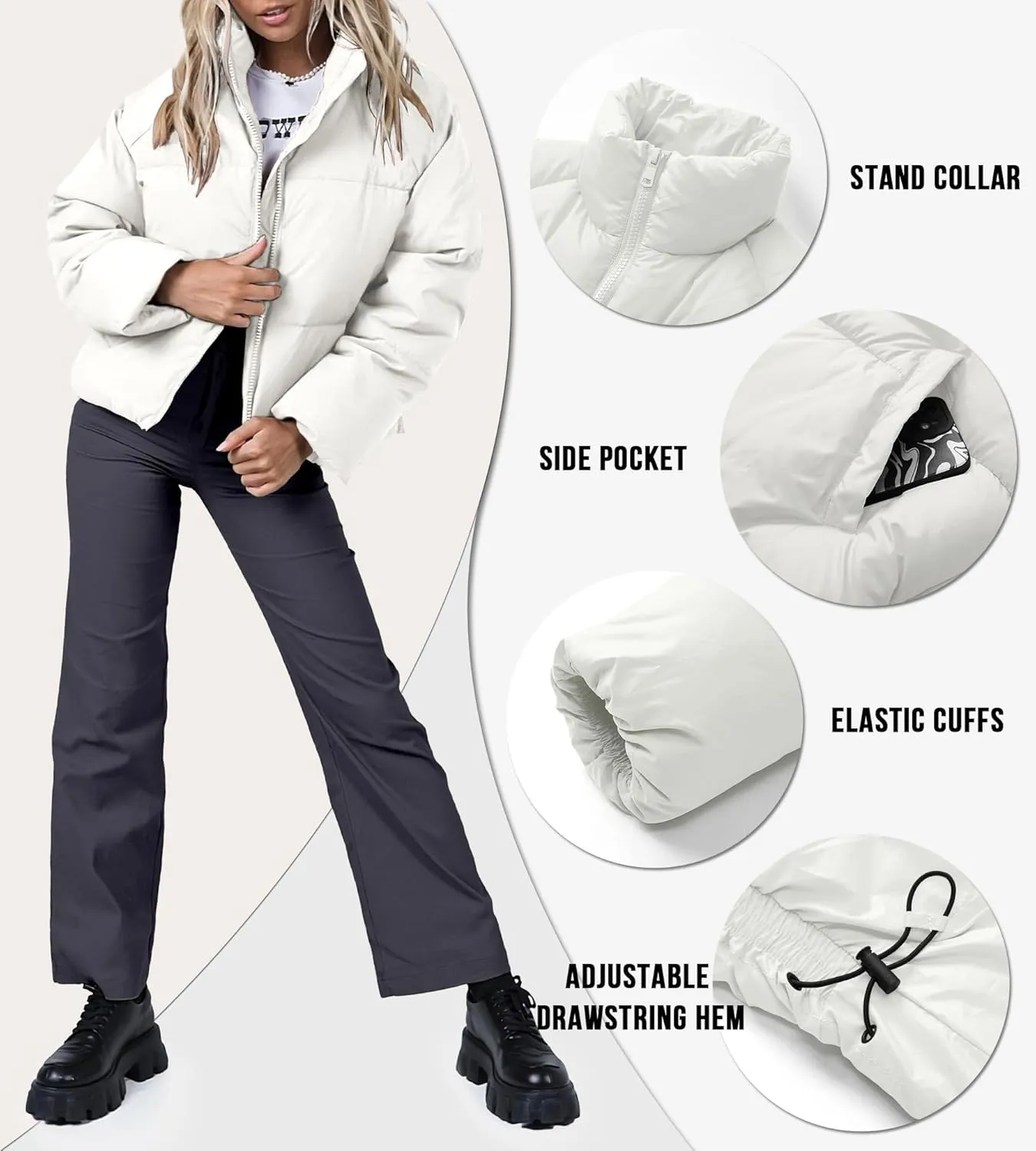 Women's Winter Cropped Puffer Jacket 2023 Long Sleeve Lightweight Zip Short Jacket Coat with Pockets