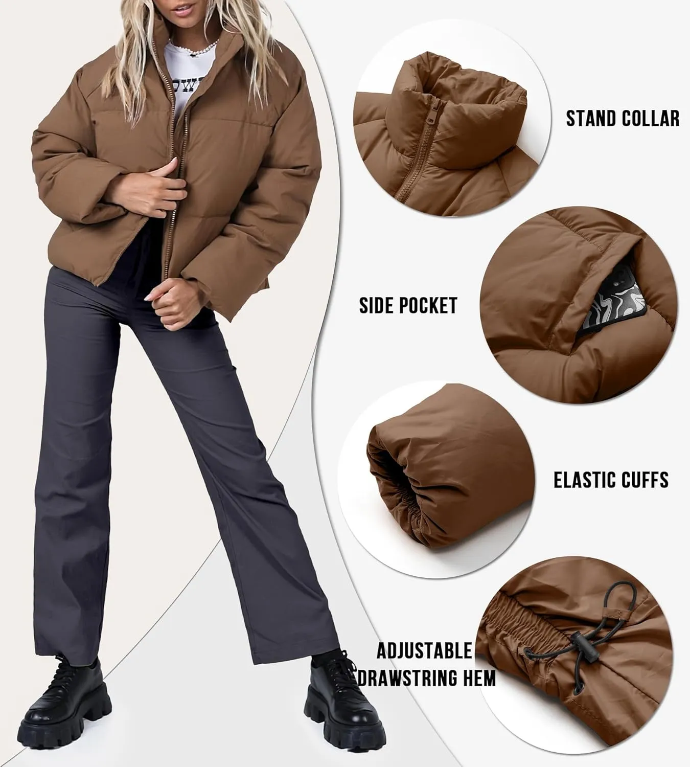 Women's Winter Cropped Puffer Jacket 2023 Long Sleeve Lightweight Zip Short Jacket Coat with Pockets