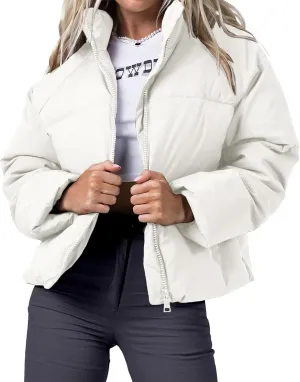 Women's Winter Cropped Puffer Jacket 2023 Long Sleeve Lightweight Zip Short Jacket Coat with Pockets