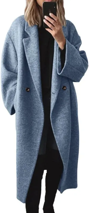 Women's Winter Double Breasted Wool Coat Casual Loose Notch Lapel Midi Long Winter Trench Coat