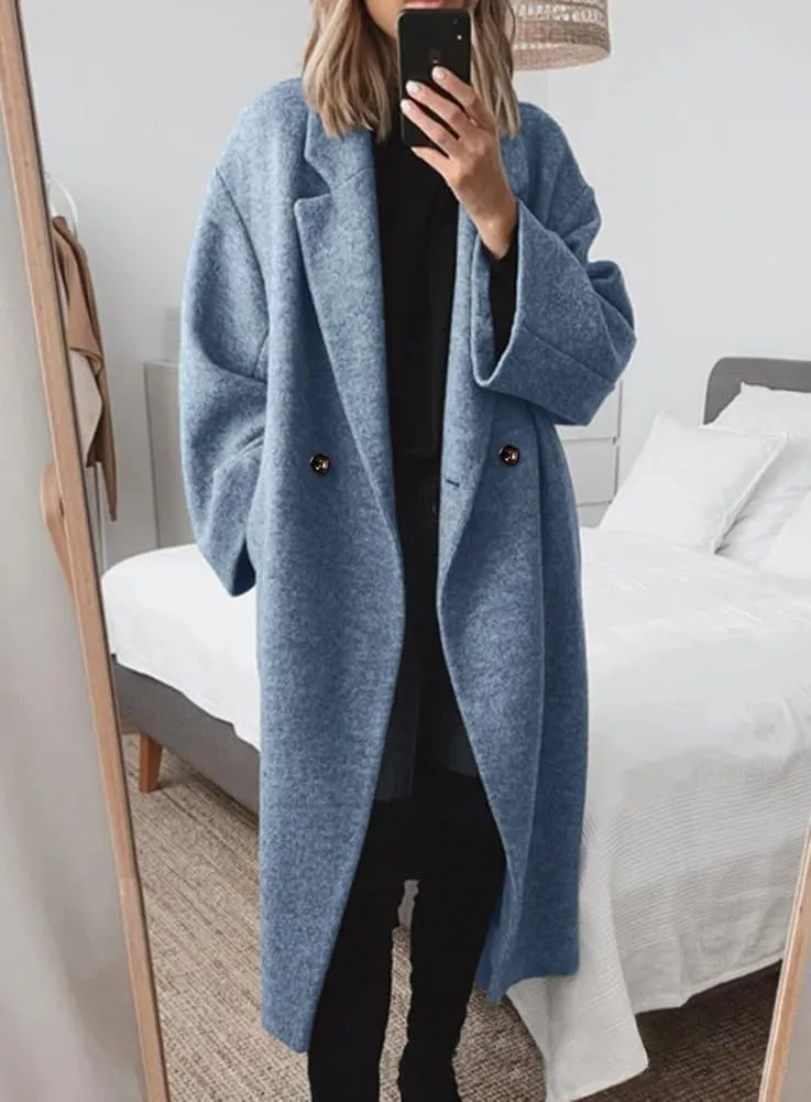 Women's Winter Double Breasted Wool Coat Casual Loose Notch Lapel Midi Long Winter Trench Coat