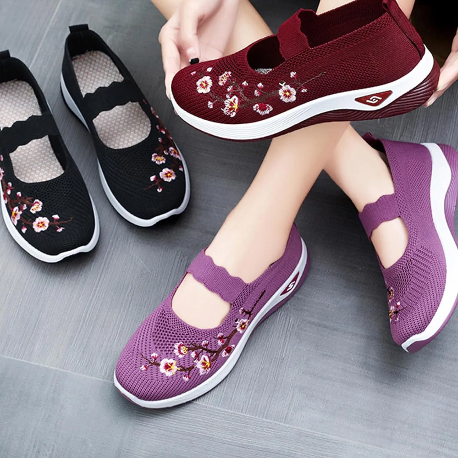 Womens Woven Orthopedic Breathable Soft Shoes Embroidered Flower Shoe Comfort Slip On Walking Shoes Arch Support Casual Walking Sports Sneakers