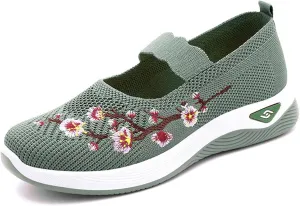 Womens Woven Orthopedic Breathable Soft Shoes Embroidered Flower Shoe Comfort Slip On Walking Shoes Arch Support Casual Walking Sports Sneakers