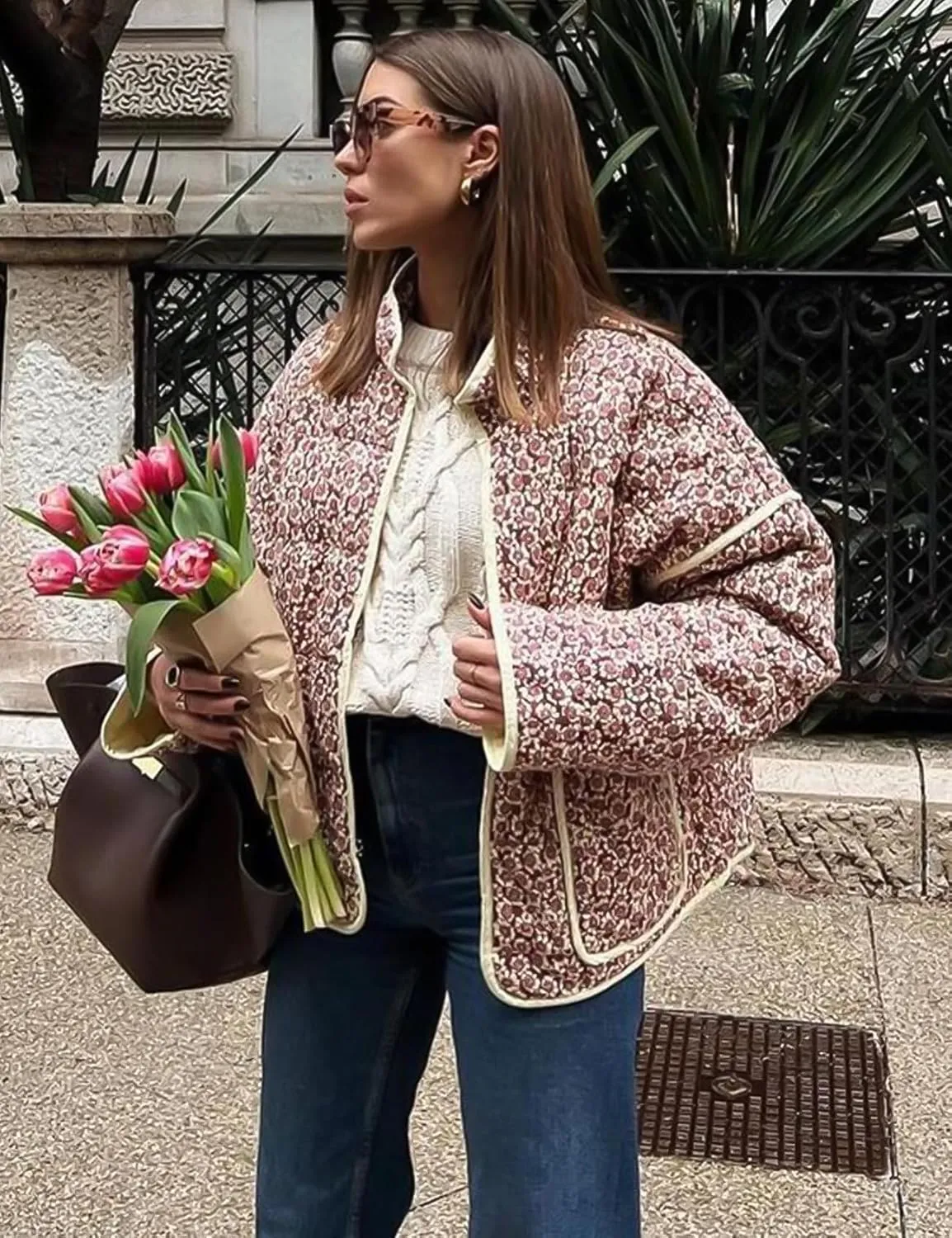 Wyeysyt Women's Cropped Puffer Jacket Lightweight Floral Print Long Sleeve Padded Quilted Puffy Cardigan Coat