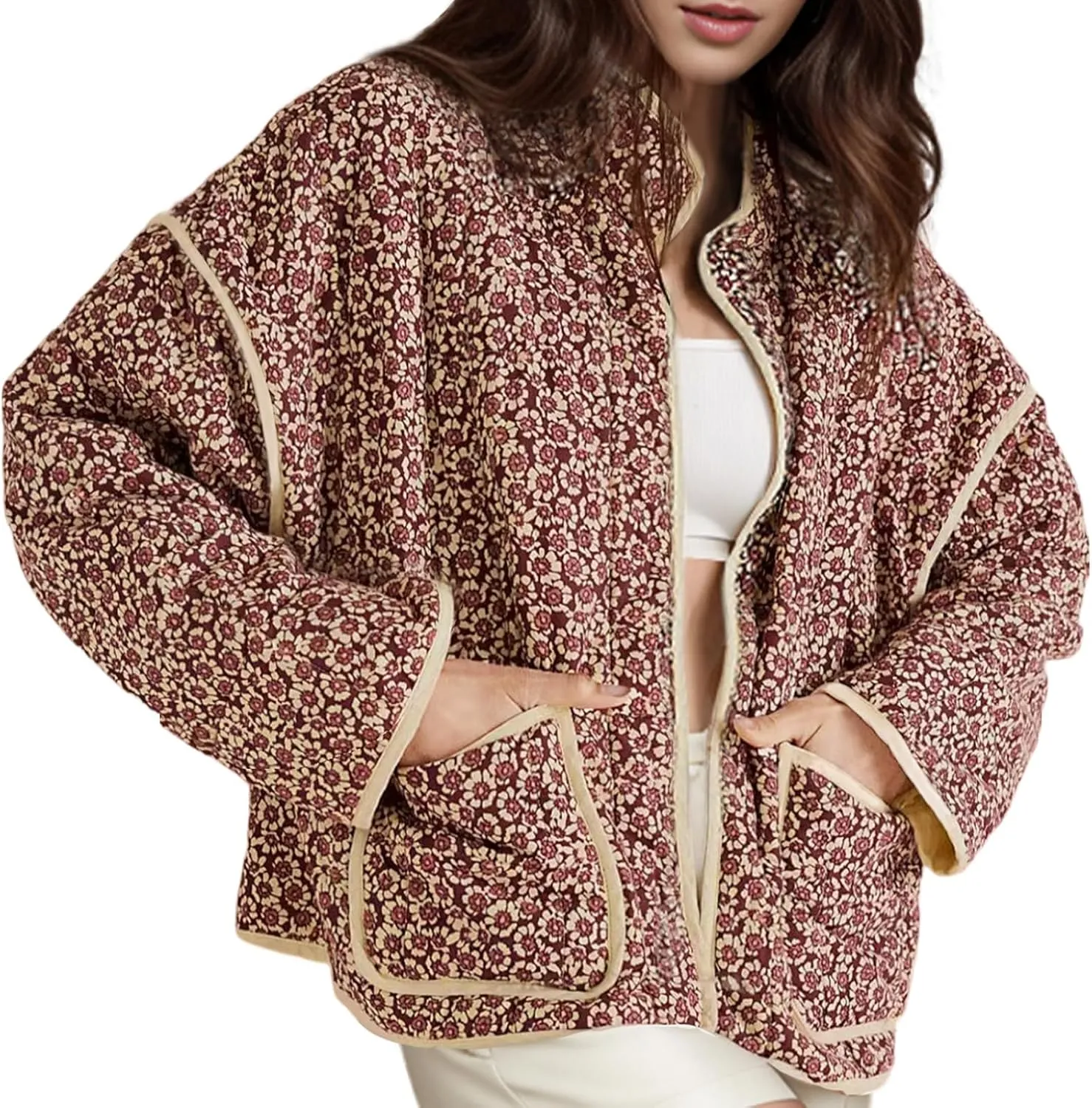 Wyeysyt Women's Cropped Puffer Jacket Lightweight Floral Print Long Sleeve Padded Quilted Puffy Cardigan Coat