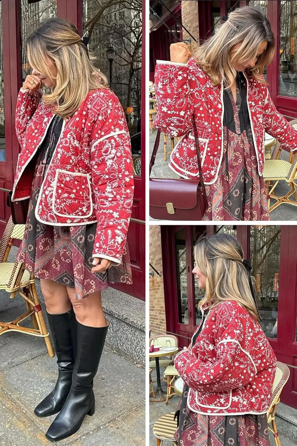 Wyeysyt Women's Cropped Puffer Jacket Lightweight Floral Print Long Sleeve Padded Quilted Puffy Cardigan Coat