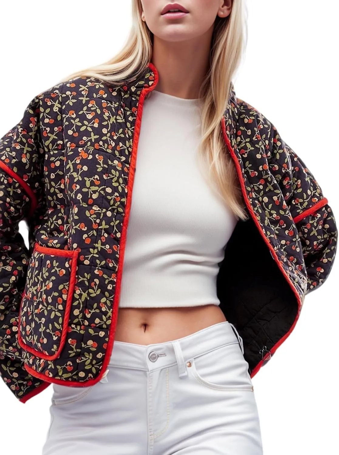 Wyeysyt Women's Cropped Puffer Jacket Lightweight Floral Print Long Sleeve Padded Quilted Puffy Cardigan Coat