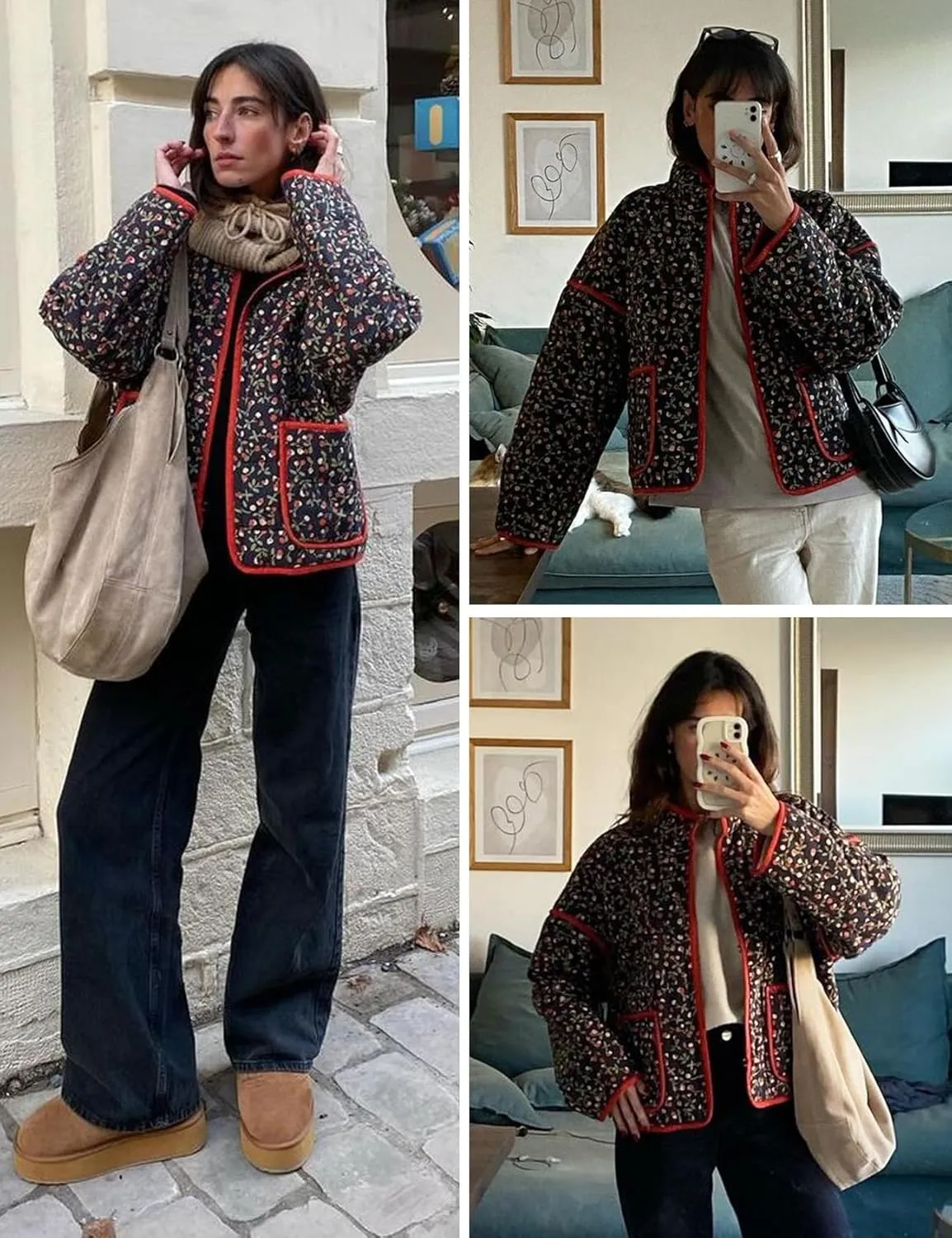 Wyeysyt Women's Cropped Puffer Jacket Lightweight Floral Print Long Sleeve Padded Quilted Puffy Cardigan Coat