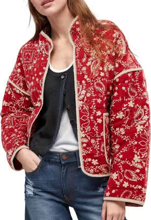 Wyeysyt Women's Cropped Puffer Jacket Lightweight Floral Print Long Sleeve Padded Quilted Puffy Cardigan Coat