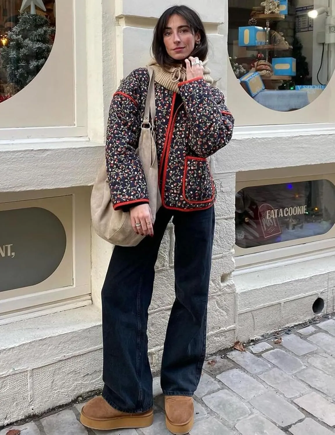 Wyeysyt Women's Cropped Puffer Jacket Lightweight Floral Print Long Sleeve Padded Quilted Puffy Cardigan Coat