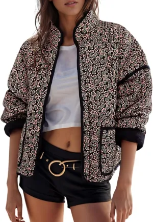 Wyeysyt Women's Cropped Puffer Jacket Lightweight Floral Print Long Sleeve Padded Quilted Puffy Cardigan Coat