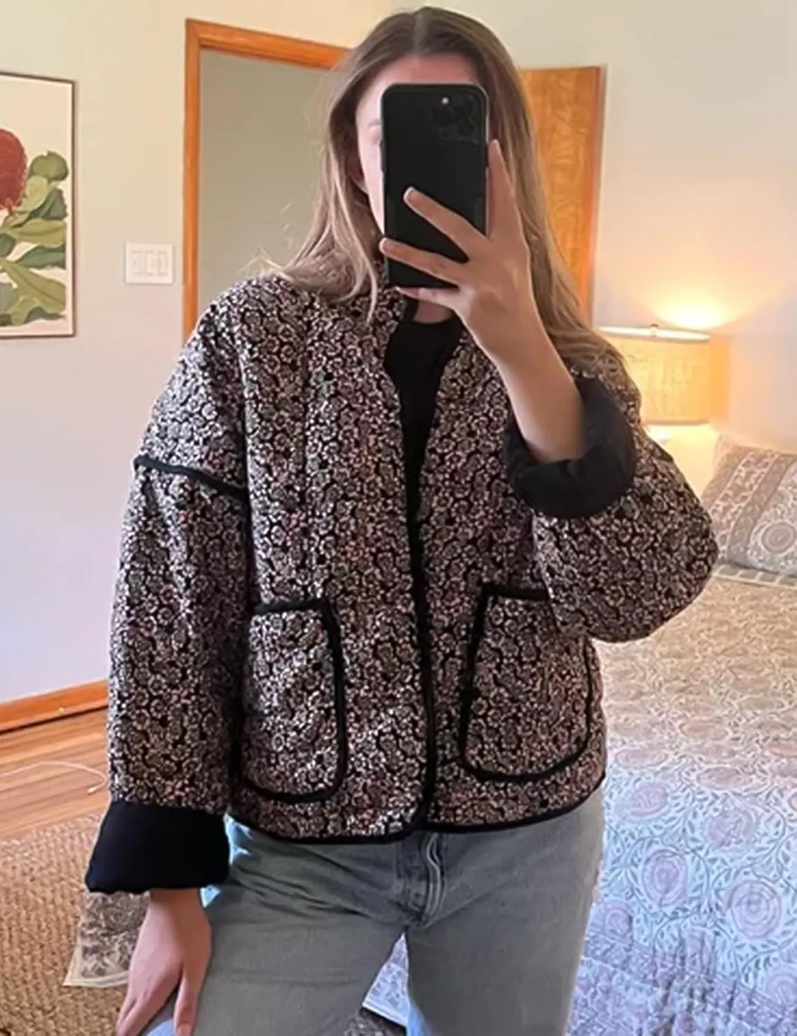 Wyeysyt Women's Cropped Puffer Jacket Lightweight Floral Print Long Sleeve Padded Quilted Puffy Cardigan Coat