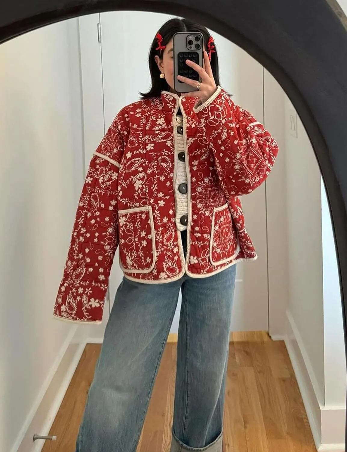 Wyeysyt Women's Cropped Puffer Jacket Lightweight Floral Print Long Sleeve Padded Quilted Puffy Cardigan Coat