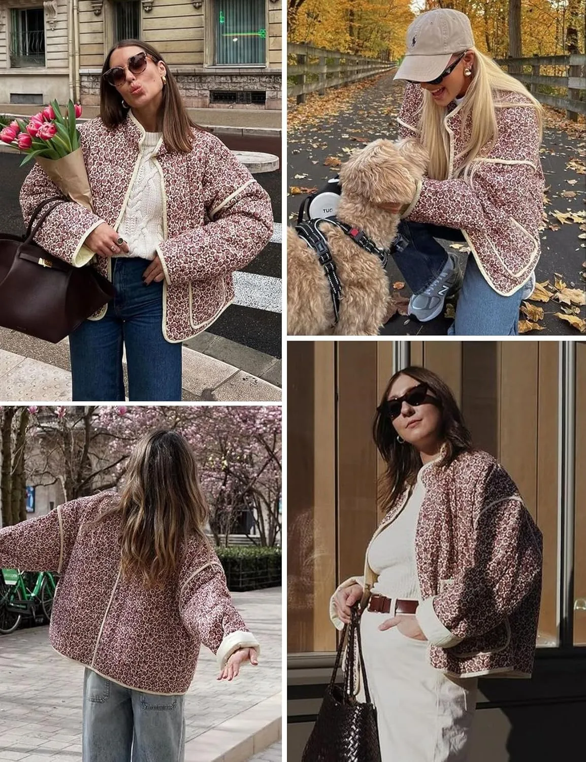 Wyeysyt Women's Cropped Puffer Jacket Lightweight Floral Print Long Sleeve Padded Quilted Puffy Cardigan Coat