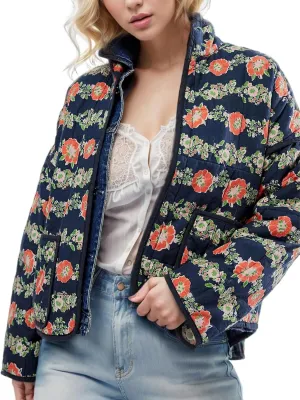 Wyeysyt Women's Cropped Puffer Jacket Lightweight Floral Print Long Sleeve Padded Quilted Puffy Cardigan Coat