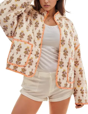 Wyeysyt Women's Cropped Puffer Jacket Lightweight Floral Print Long Sleeve Padded Quilted Puffy Cardigan Coat