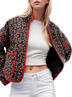 Wyeysyt Women's Cropped Puffer Jacket Lightweight Floral Print Long Sleeve Padded Quilted Puffy Cardigan Coat