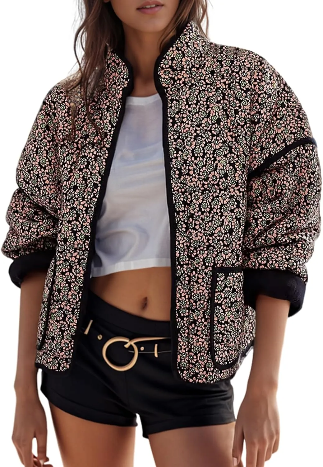 Wyeysyt Women's Cropped Puffer Jacket Lightweight Floral Print Long Sleeve Padded Quilted Puffy Cardigan Coat
