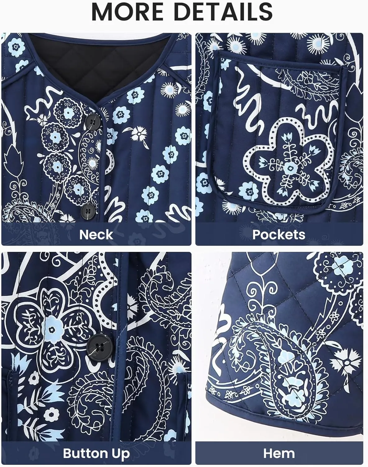 Wyeysyt Women's Cropped Puffer Jacket Quilted Floral Print Cardigan Button Up Long Sleeve Lightweight Open Front Padded Coat