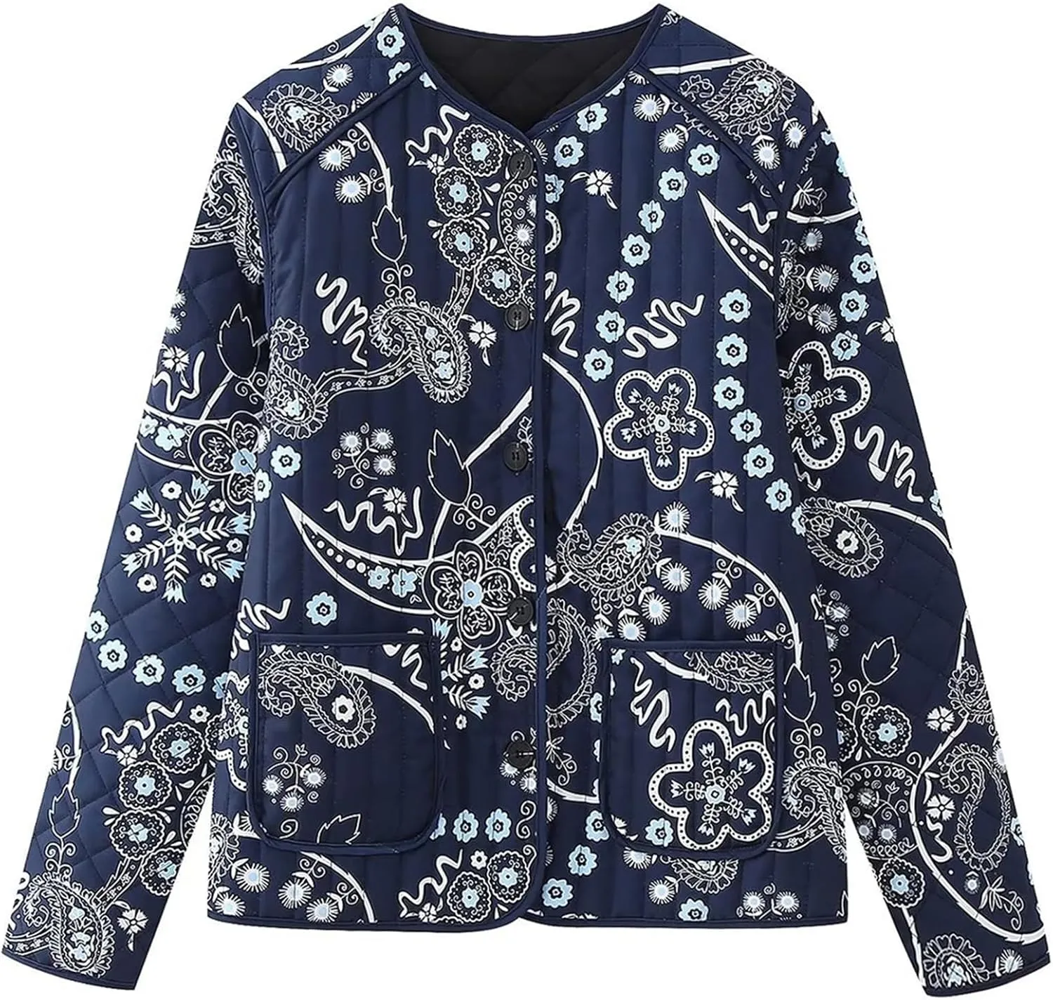 Wyeysyt Women's Cropped Puffer Jacket Quilted Floral Print Cardigan Button Up Long Sleeve Lightweight Open Front Padded Coat