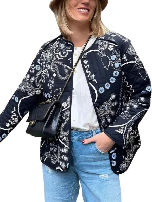 Wyeysyt Women's Cropped Puffer Jacket Quilted Floral Print Cardigan Button Up Long Sleeve Lightweight Open Front Padded Coat