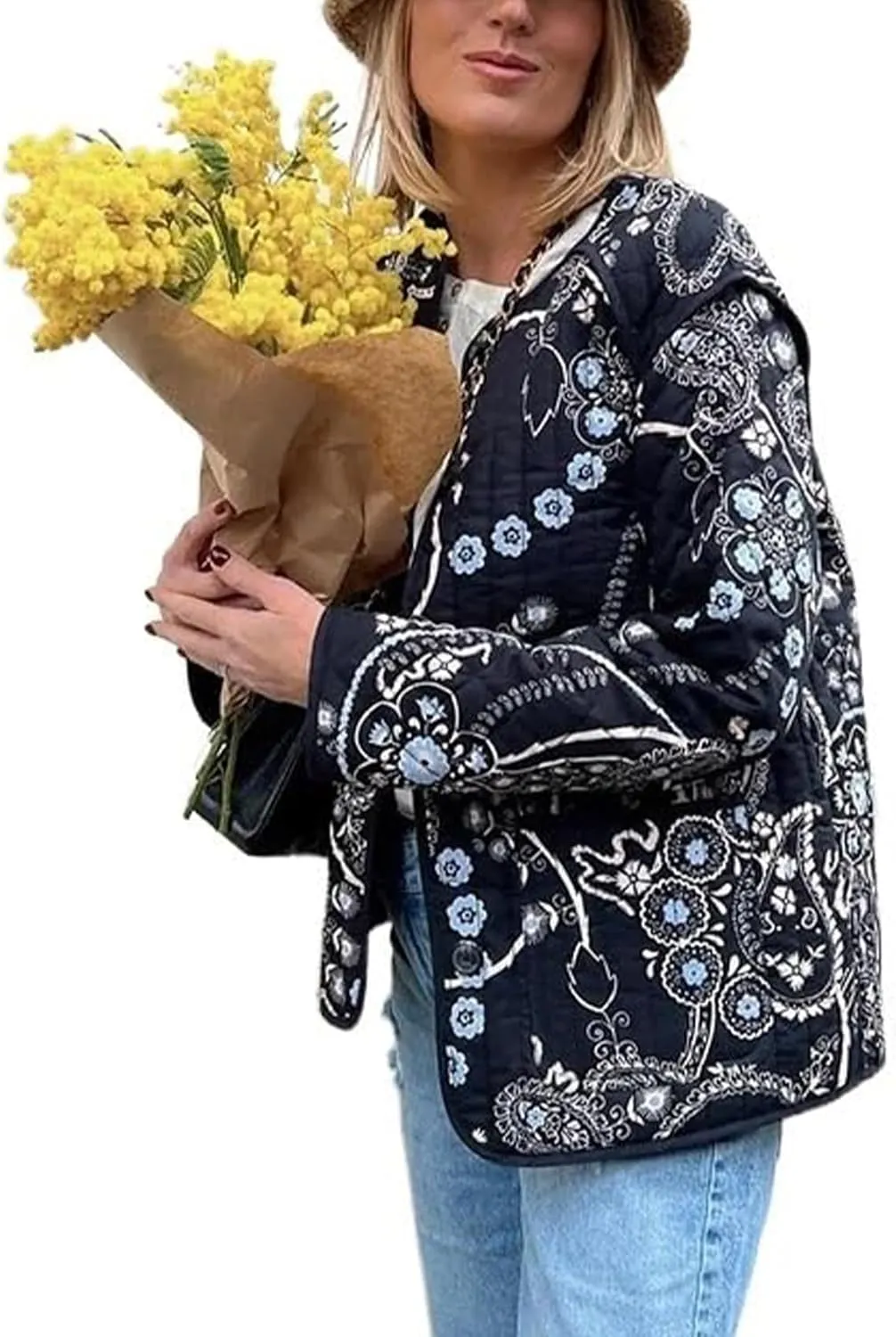 Wyeysyt Women's Cropped Puffer Jacket Quilted Floral Print Cardigan Button Up Long Sleeve Lightweight Open Front Padded Coat