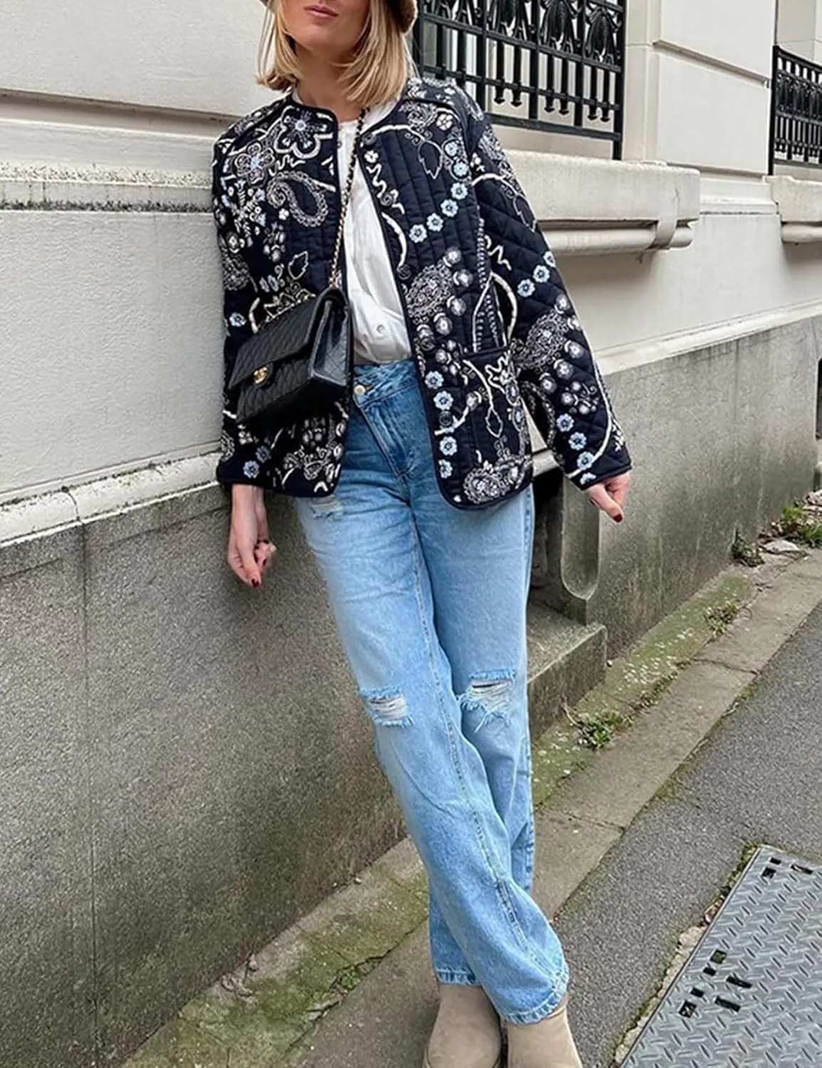 Wyeysyt Women's Cropped Puffer Jacket Quilted Floral Print Cardigan Button Up Long Sleeve Lightweight Open Front Padded Coat
