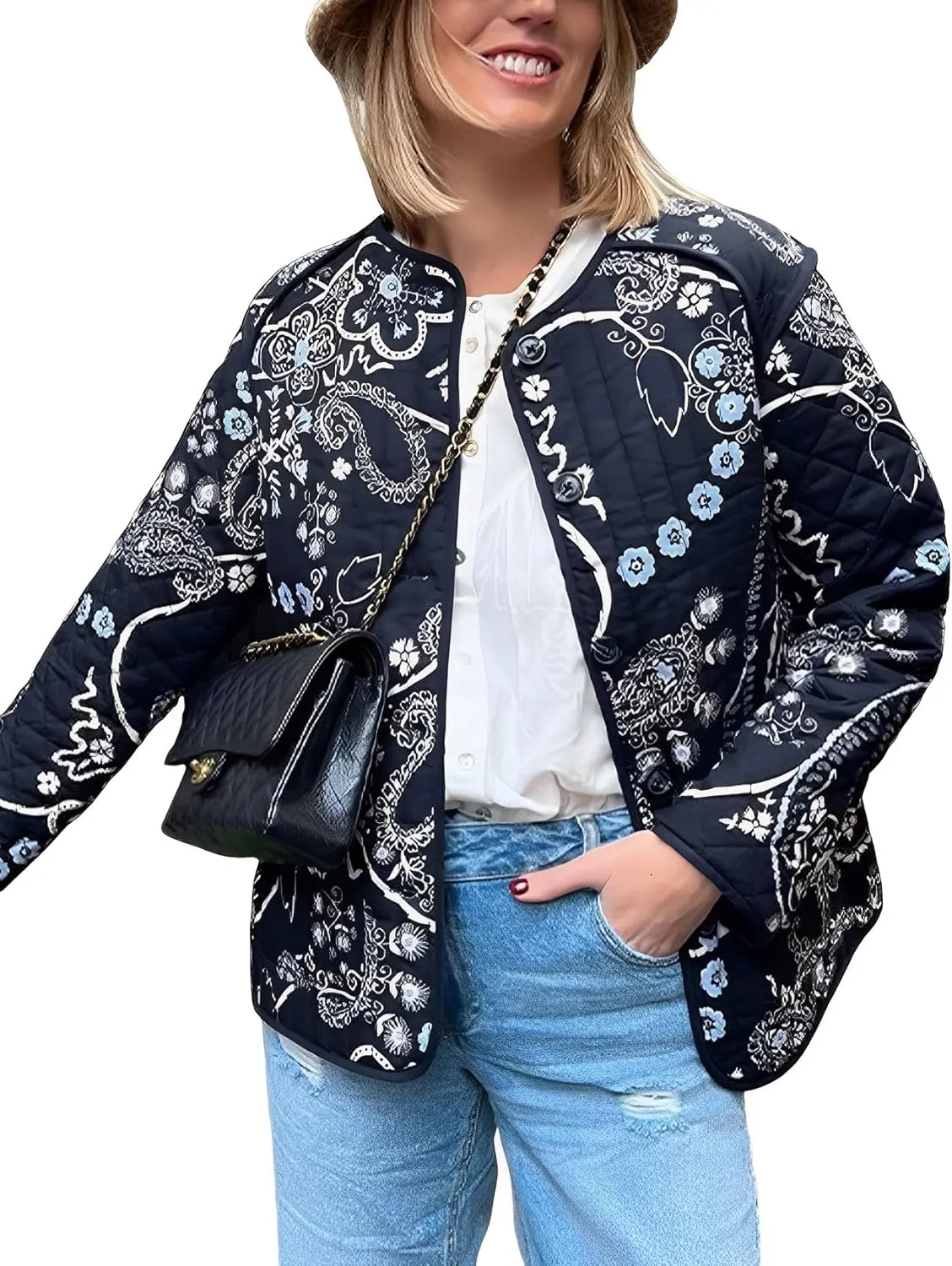 Wyeysyt Women's Cropped Puffer Jacket Quilted Floral Print Cardigan Button Up Long Sleeve Lightweight Open Front Padded Coat